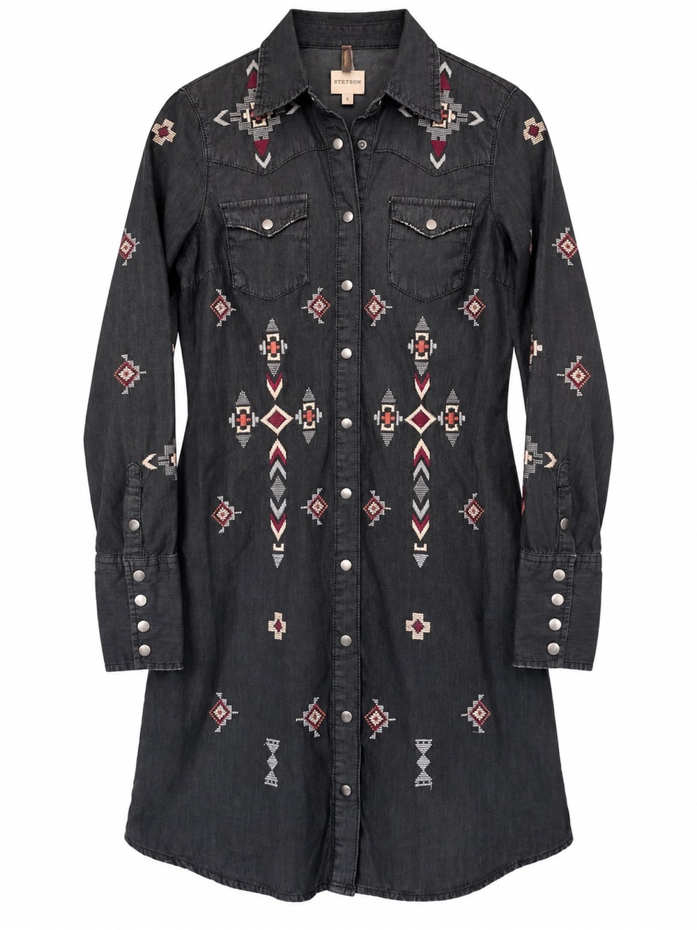 Stetson Black Embroidered Western Denim Shirt Dress Size S NWT